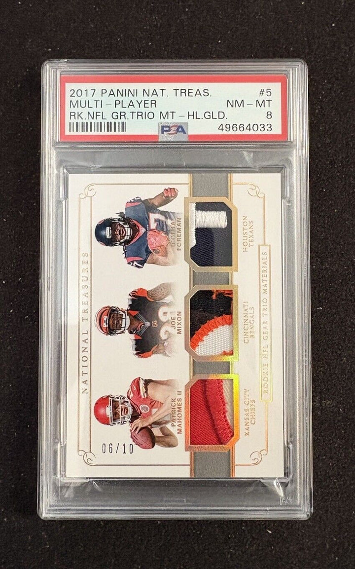 2017 National Treasures Patrick Mahomes/Mixon/Foreman Rookie Gear Gold /10 PSA 8