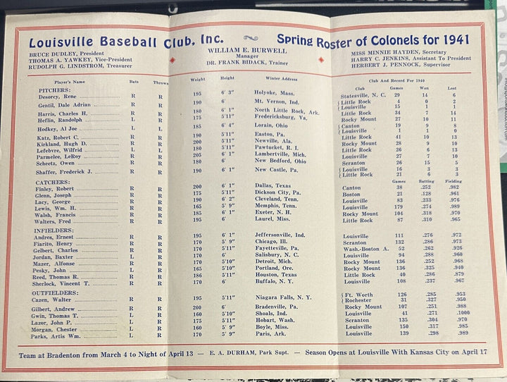 Johnny Pesky Autographed 1941 Louisville Colonels Roster & Schedules