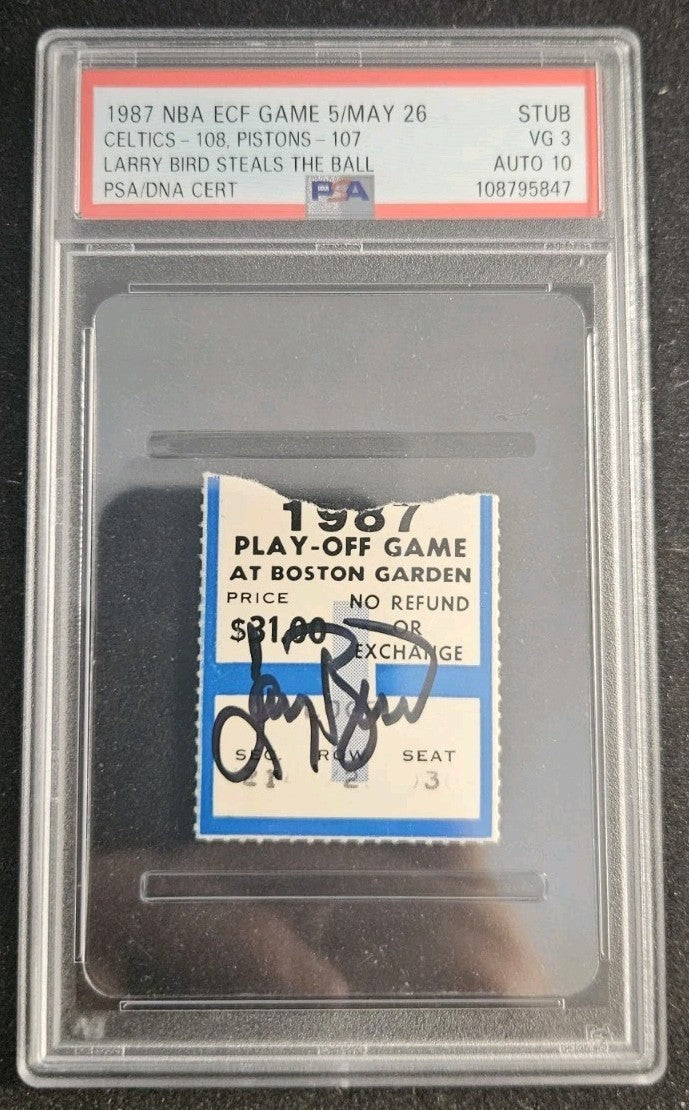 1987 NBA ECF GAME 5 LARRY BIRD STEALS THE BALL TICKET STUB PSA 3 AUTO 10 CELTICS