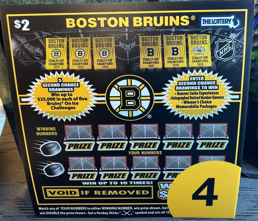 Boston Bruins & Massachusetts State Lottery Scratch Ticket Advertisement Sign