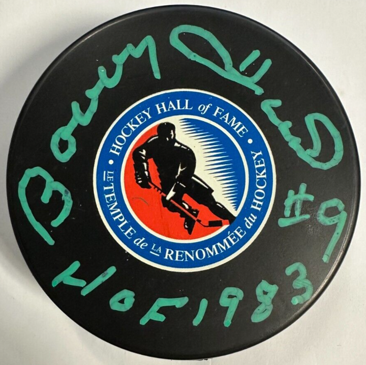 Bobby Hull Autographed Hockey Hall of Fame Puck W/ HOF 83 BAS Blackhawks