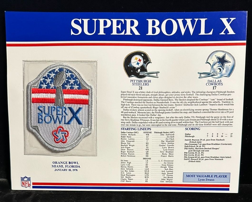 NFL Super Bowl Patch Willabee & Ward Collection SB X Steelers Vs Cowboys
