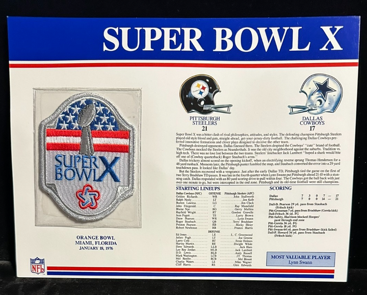 NFL Super Bowl Patch Willabee & Ward Collection SB X Steelers Vs Cowboys