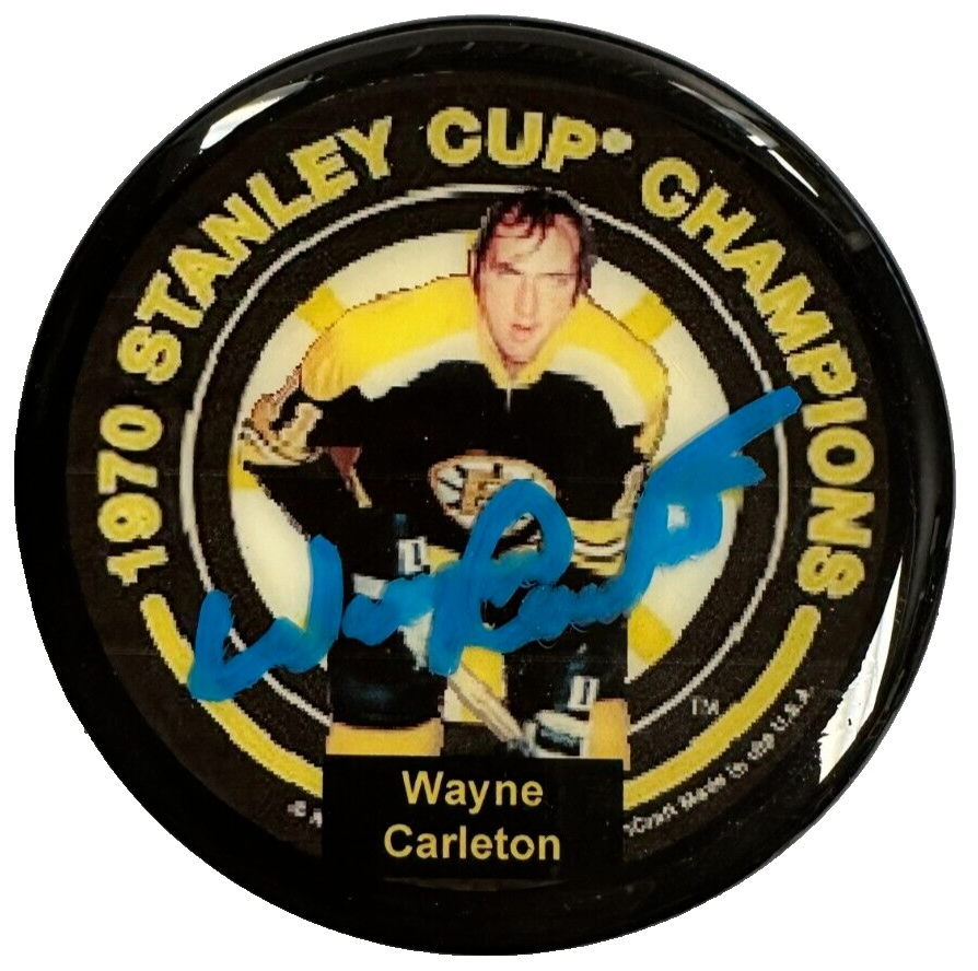 Wayne Carleton Autographed Boston Bruins 1970 Stanley Cup Champion Photo Puck