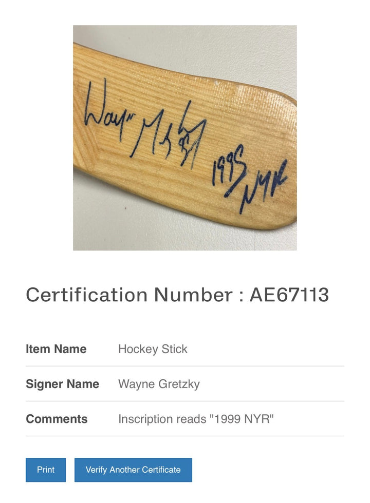 Wayne Gretzky Autographed Game Issued Hockey Stick W/ 1999 NYR Insc BAS HOF