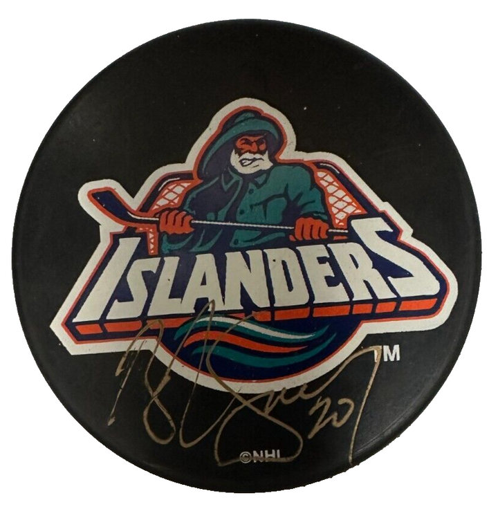 Bob Sweeney Autographed New York Islanders Fisherman Logo Hockey Puck NHL