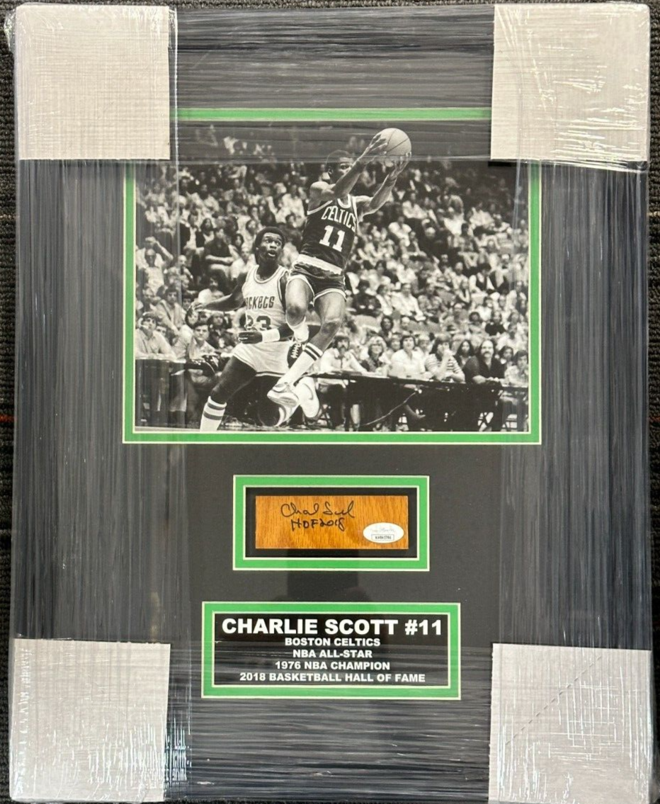 Charlie Scott Signed Boston Graden Parquet Piece & 8x10 Photo Framed Celtics JSA