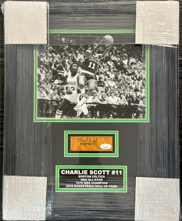 Charlie Scott Signed Boston Graden Parquet Piece & 8x10 Photo Framed Celtics JSA