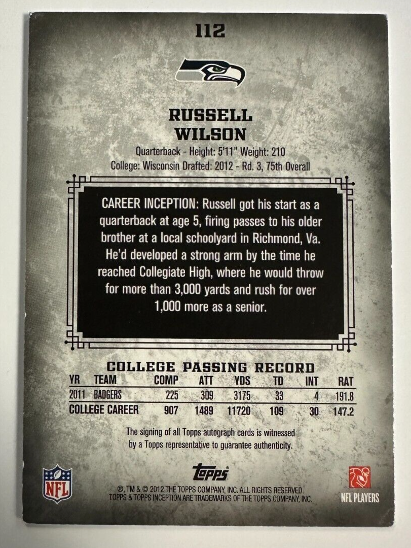 2012 Topps Inception Russell Wilson Autographed Rookie Card 62/150 Seahawks