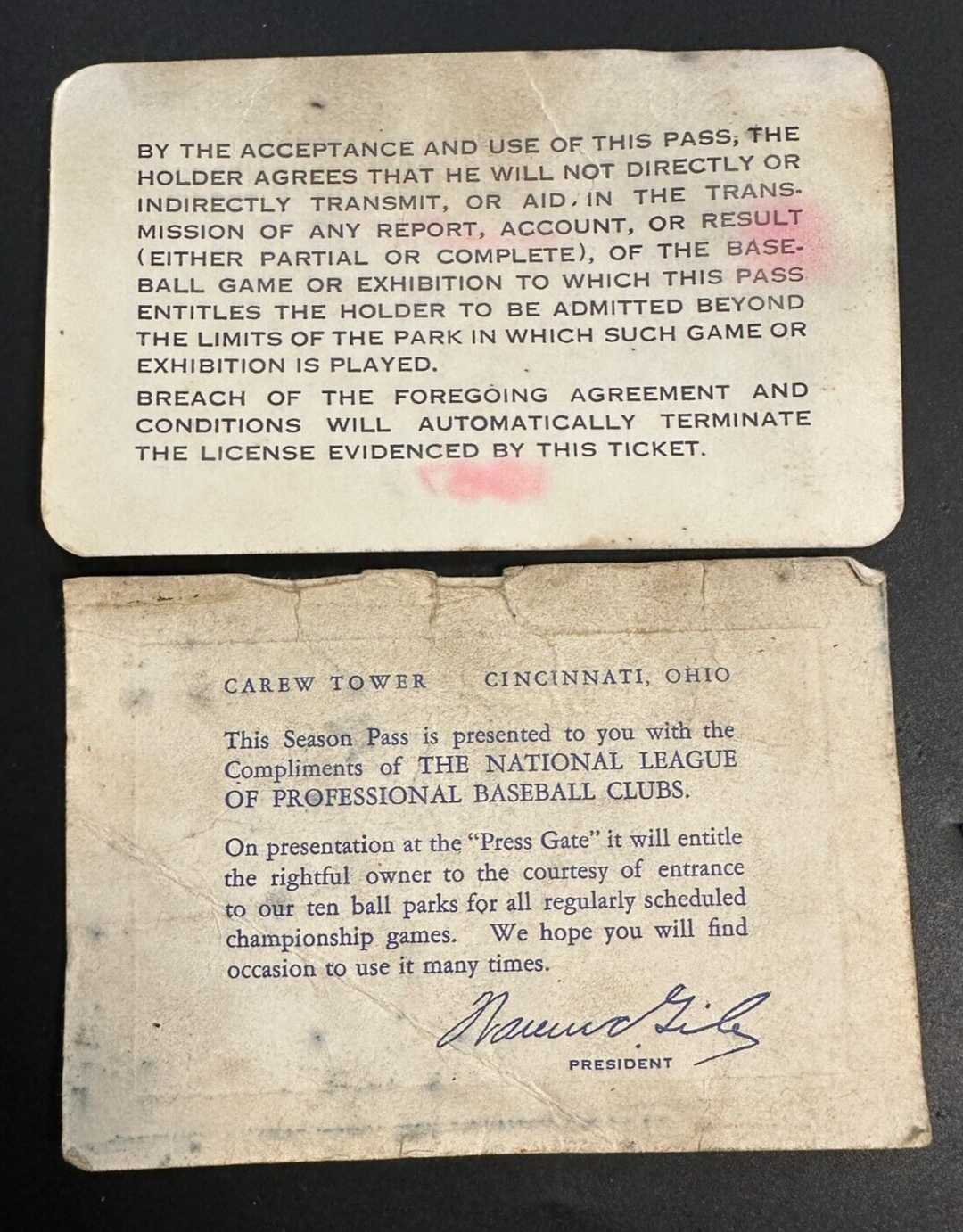 1967 Official National League Season Pass, Schedule & Case Warren Giles