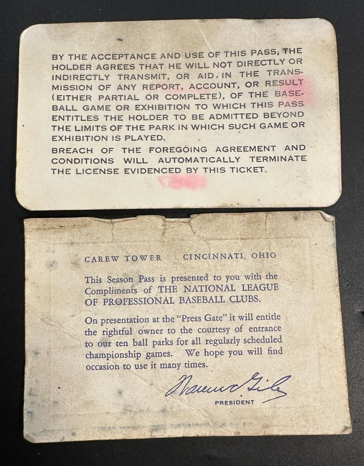 1967 Official National League Season Pass, Schedule & Case Warren Giles