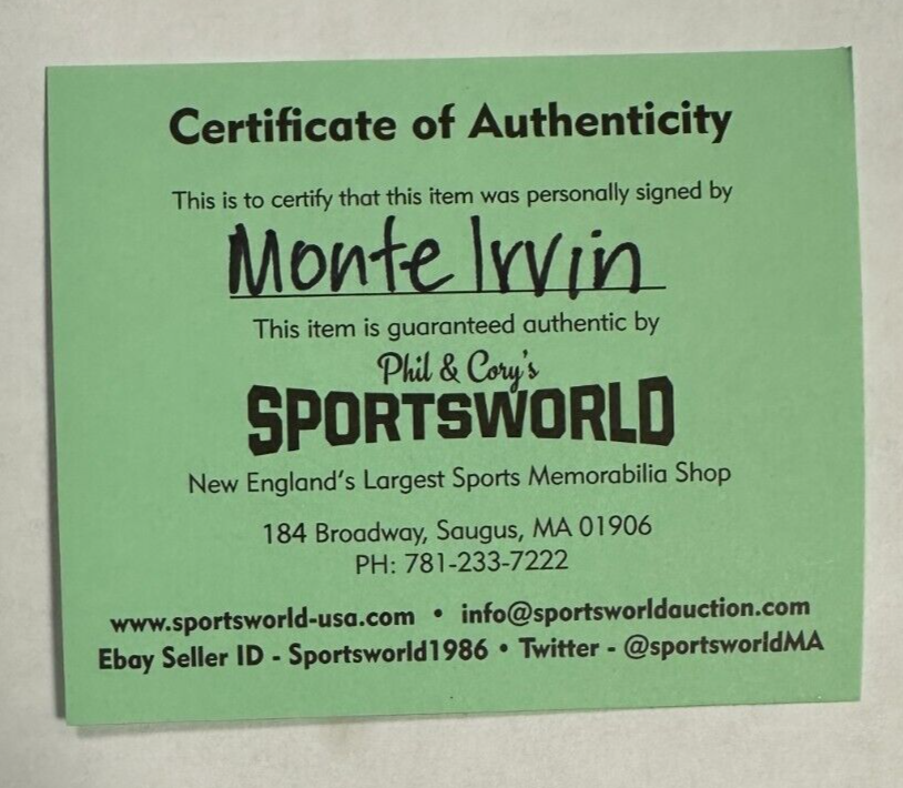 Monte Irvin Autographed Major League Baseball W/ HOF 73 Giants