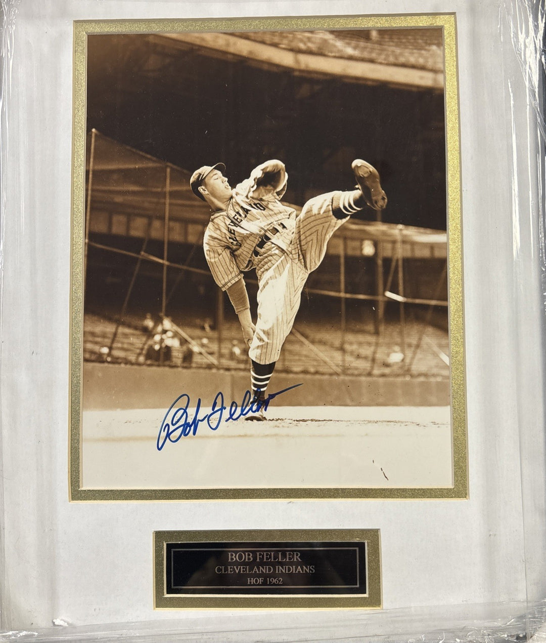 Bob Feller Cleveland Indians HOF 1962 Autographed Framed Picture 18x15 COA