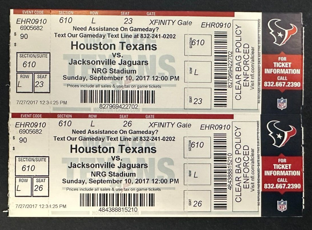 2 Sept 10, 2017 Texans & Jaguars Tickets DeShaun Watson & Fournette Debut