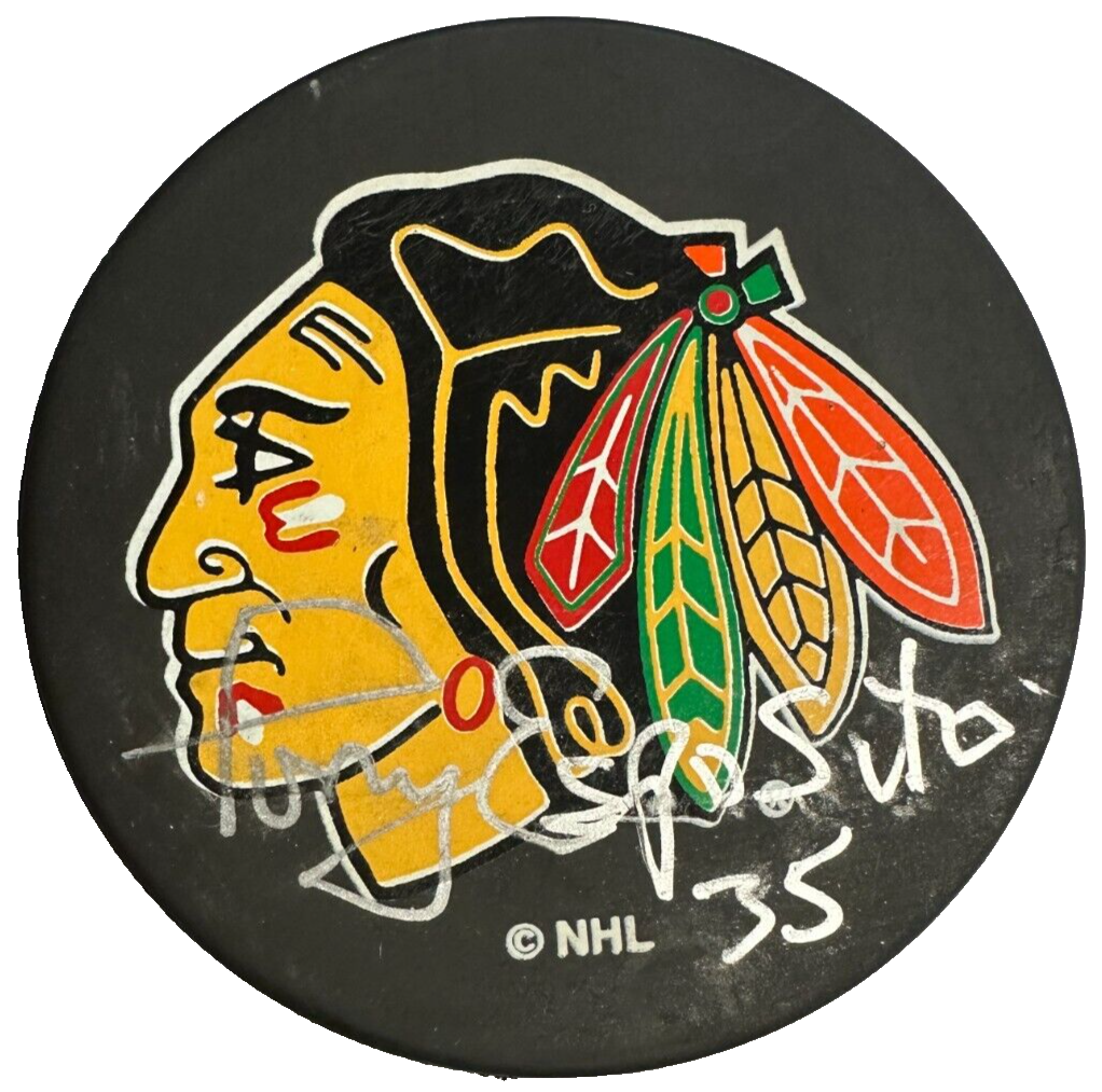 Tony Esposito Autographed Chicago Blackhawks Hockey Puck HOF BAS NHL