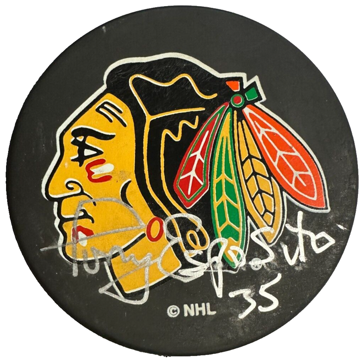 Tony Esposito Autographed Chicago Blackhawks Hockey Puck HOF BAS NHL