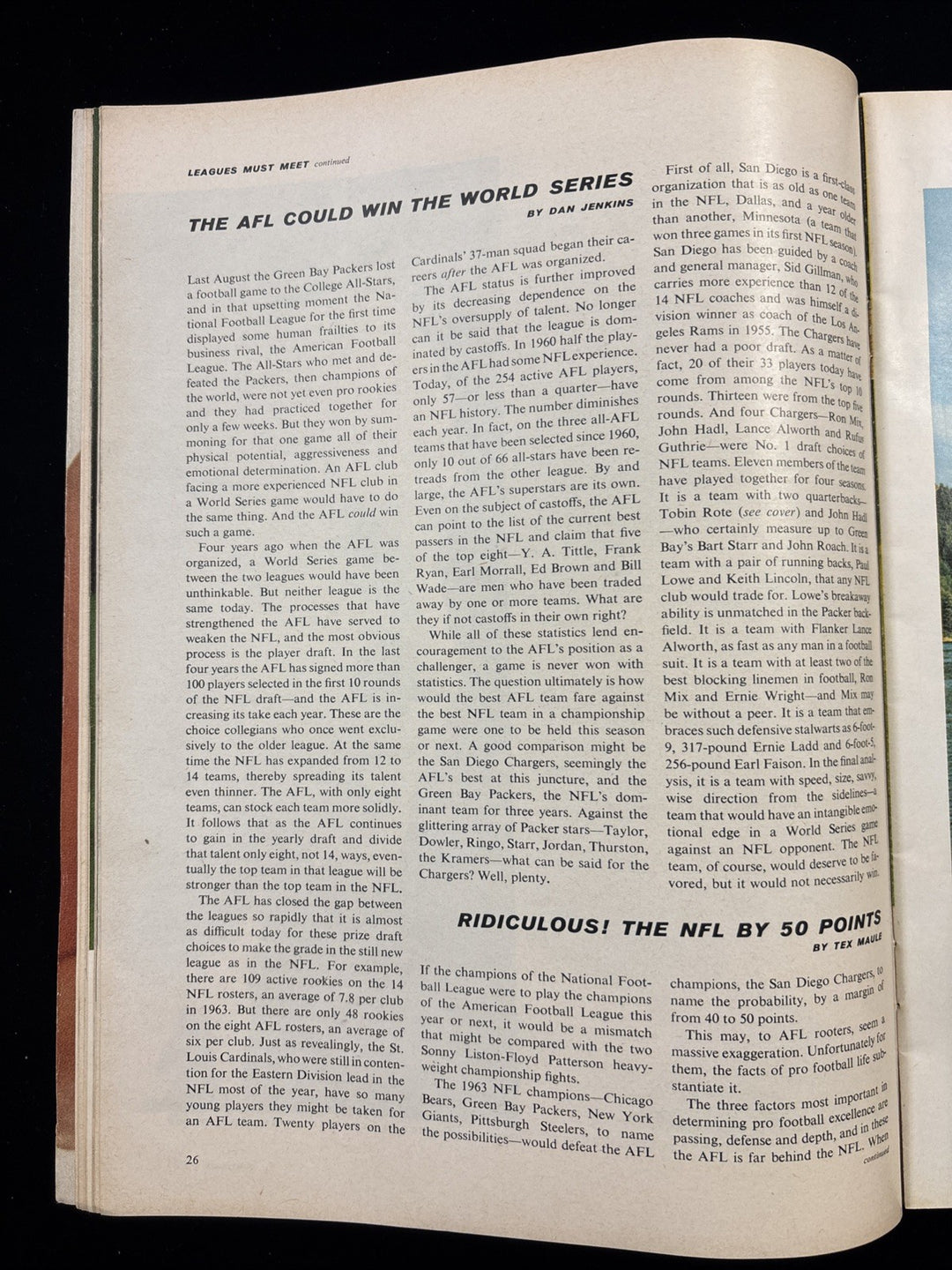 Dec 1963 Sports Illustrated San Diego Chargers Tobin Rote & Paul Lowe AFL vs NFL