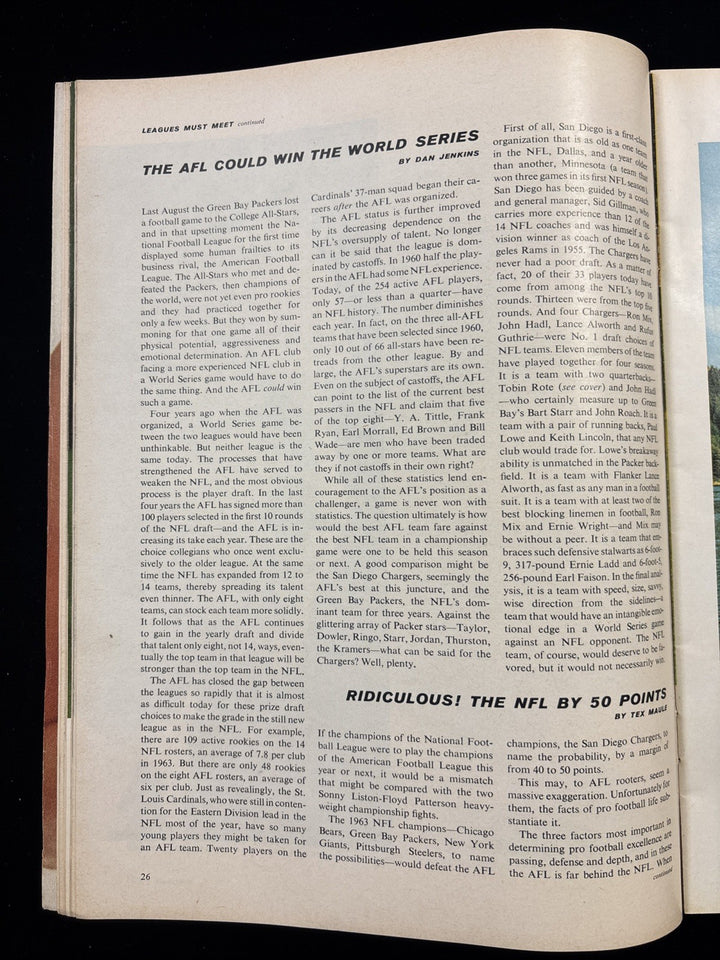 Dec 1963 Sports Illustrated San Diego Chargers Tobin Rote & Paul Lowe AFL vs NFL