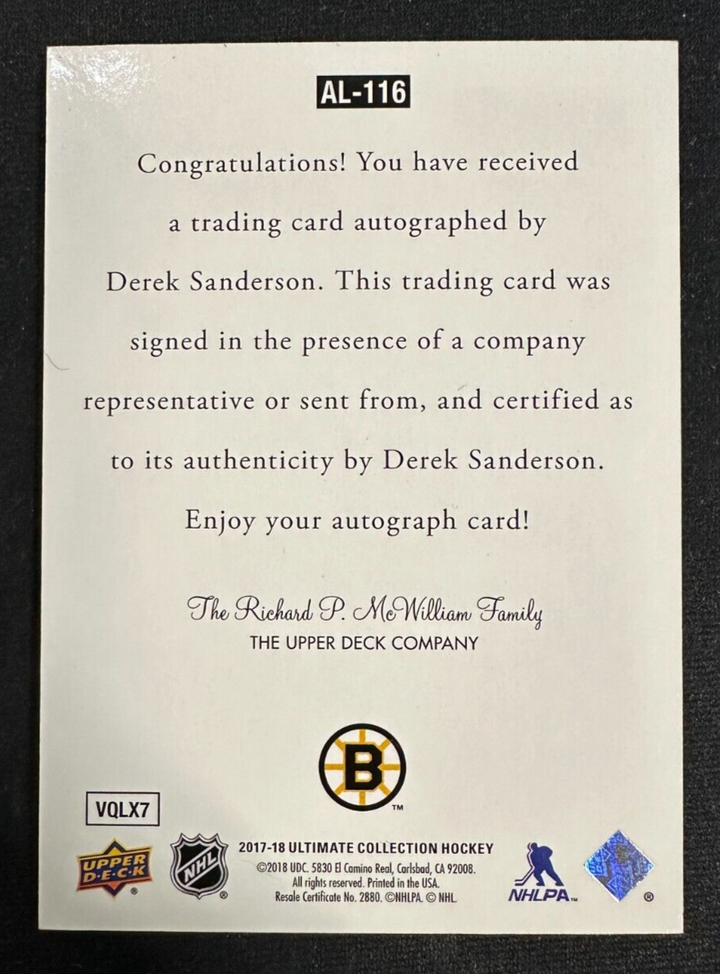 2017-18 Upper Deck Ultimate Hockey Derek Sanderson Autographed Card