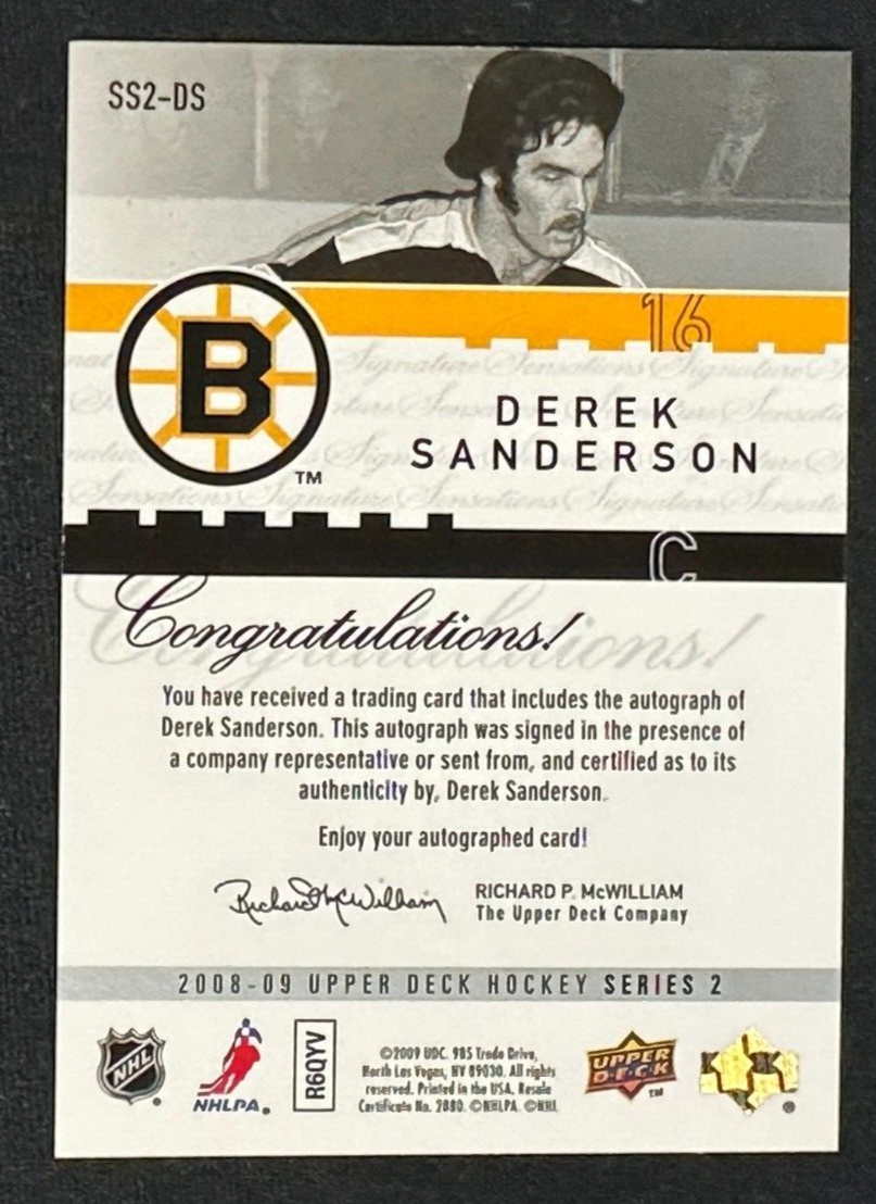 2008-09 Upper Deck Hockey Series 2 Derek Sanderson Autographed Card