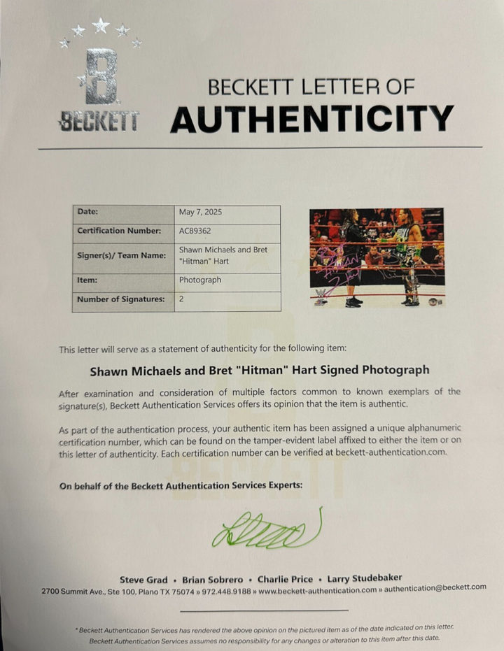 Bret The Hitman Hart & Shawn Michaels Signed Handshake 8x10 Photo BAS