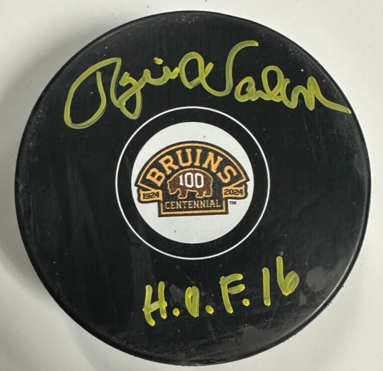 Rogie Vachon Autographed Boston Bruins 100th Anniversary Puck W/ HOF 16