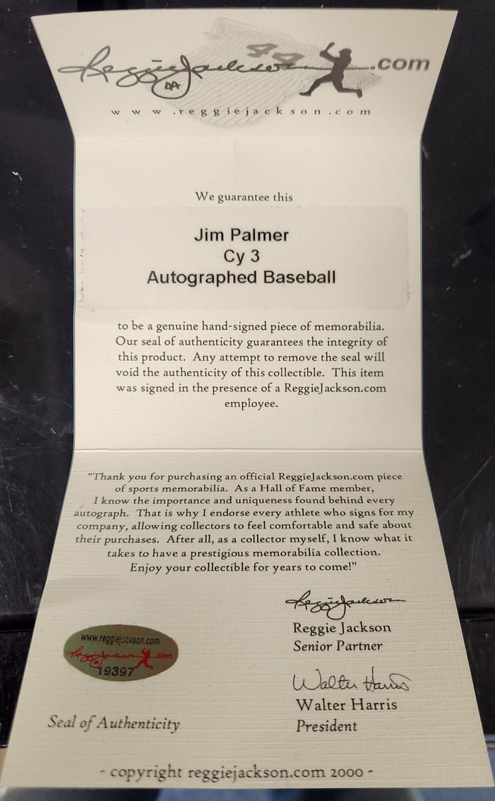 Jim Palmer Signed Inscribed Major League Baseball Orioles HOF Reggie Jackson COA