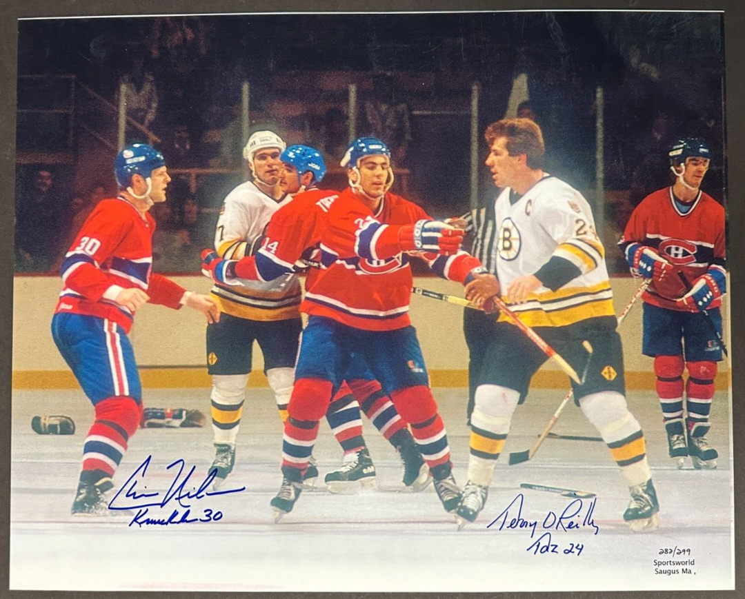 Terry O'Reilly & Chris Nilan Autographed 16x20 Fight Photo Bruins Canadiens