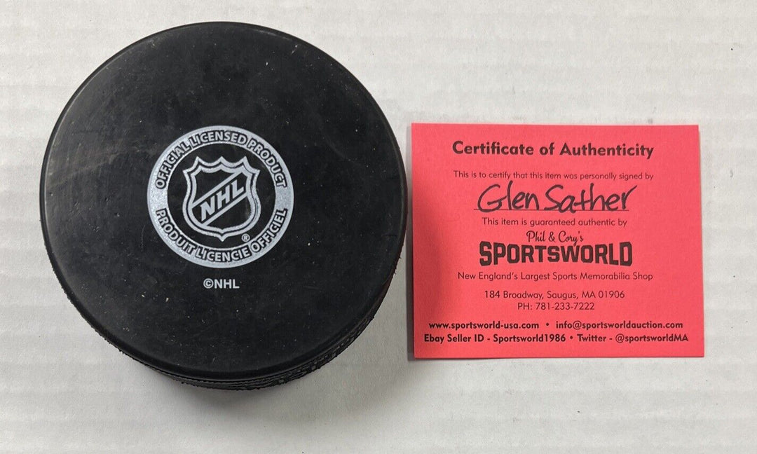 Glen Sather Signed Puck Autographed Boston Bruins