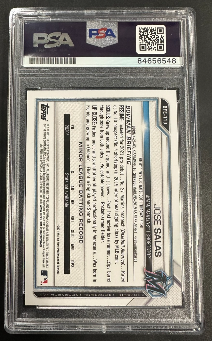 2021 Bowman 1st Card Jose Salas Autographed Card #BFE-110 PSA Marlins