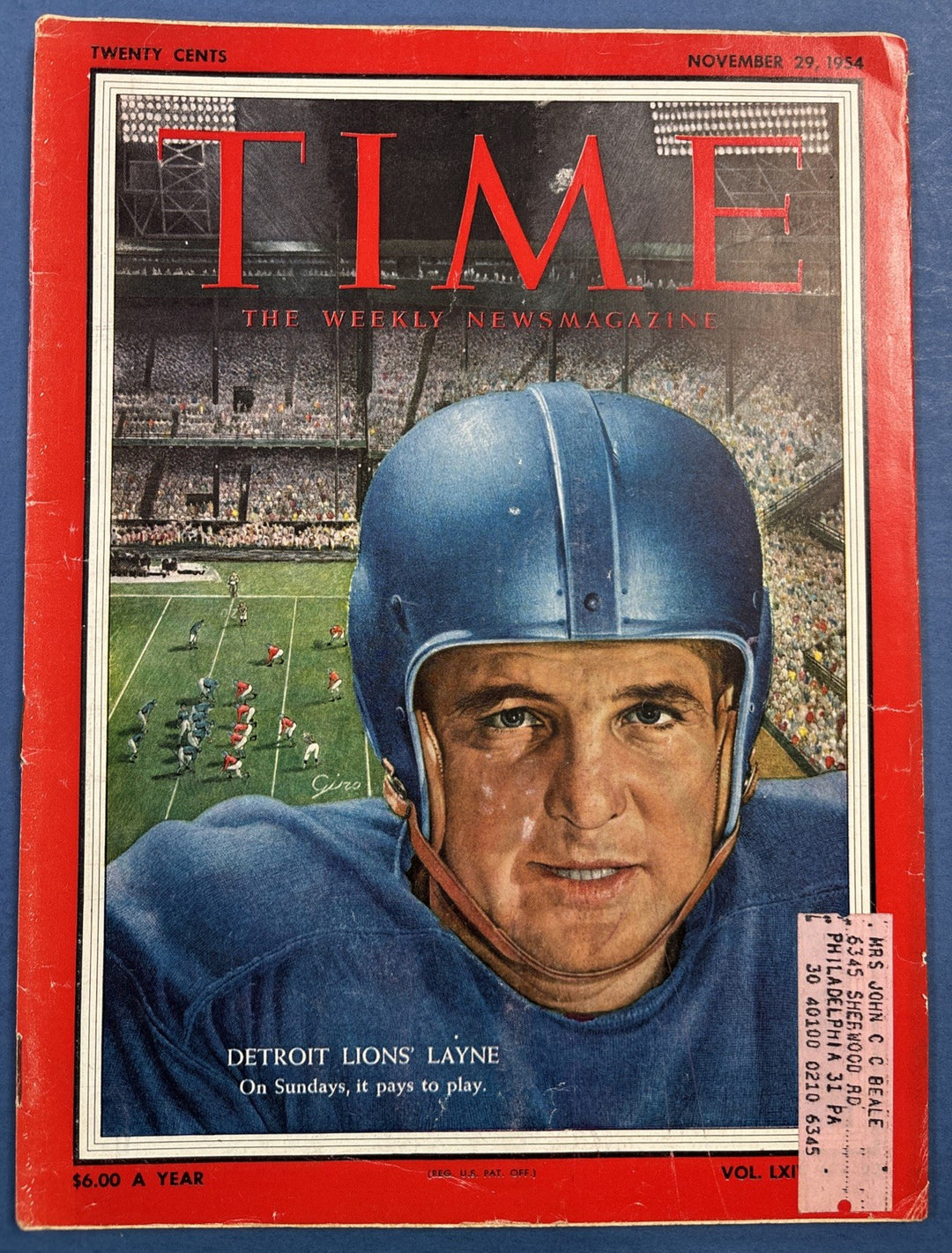 Time Weekly Magazine November 1954 Detroit Lions Bobby Layne