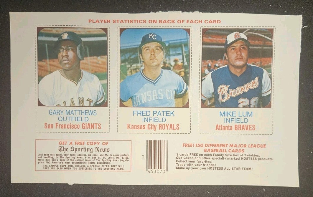 1975 Hostess All Star Team 3 Card Partial Uncut Panel Gary Matthews Mike Lum
