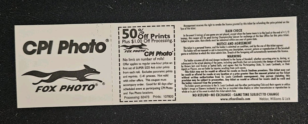 9/25/98 Cardinals vs. Expos Full Ticket Mark McGwire Home Run #66