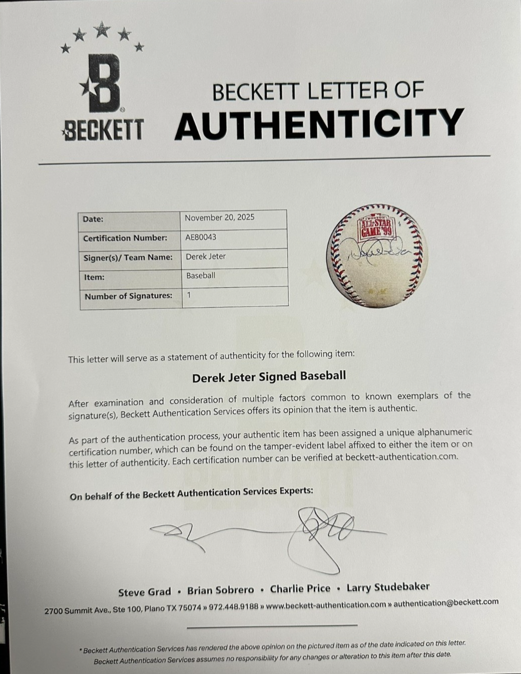 Derek Jeter Autographed 1999 All-Star Game Baseball Fenway Park HOF BAS Yankees