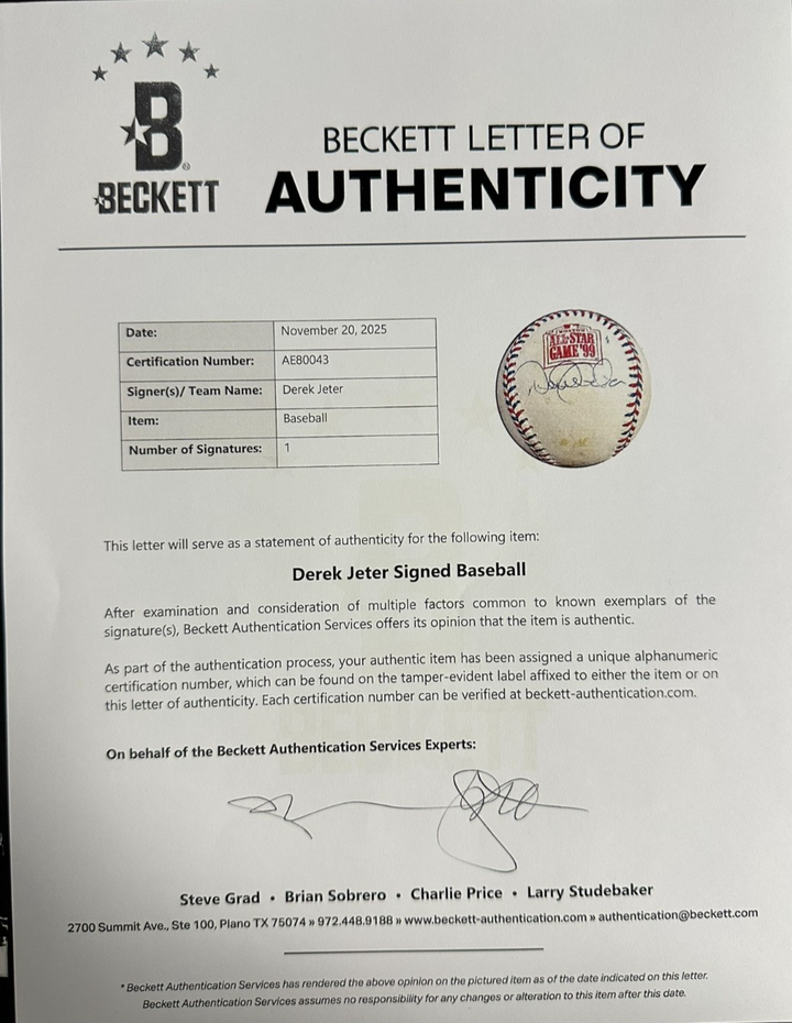 Derek Jeter Autographed 1999 All-Star Game Baseball Fenway Park HOF BAS Yankees