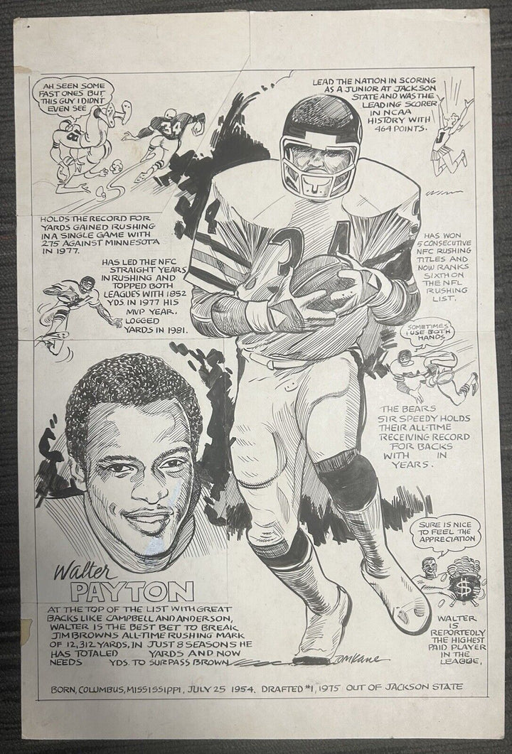 ORIGINAL WALTER PAYTON SKETCH. FAMOUS ARTIST TOM KANE.