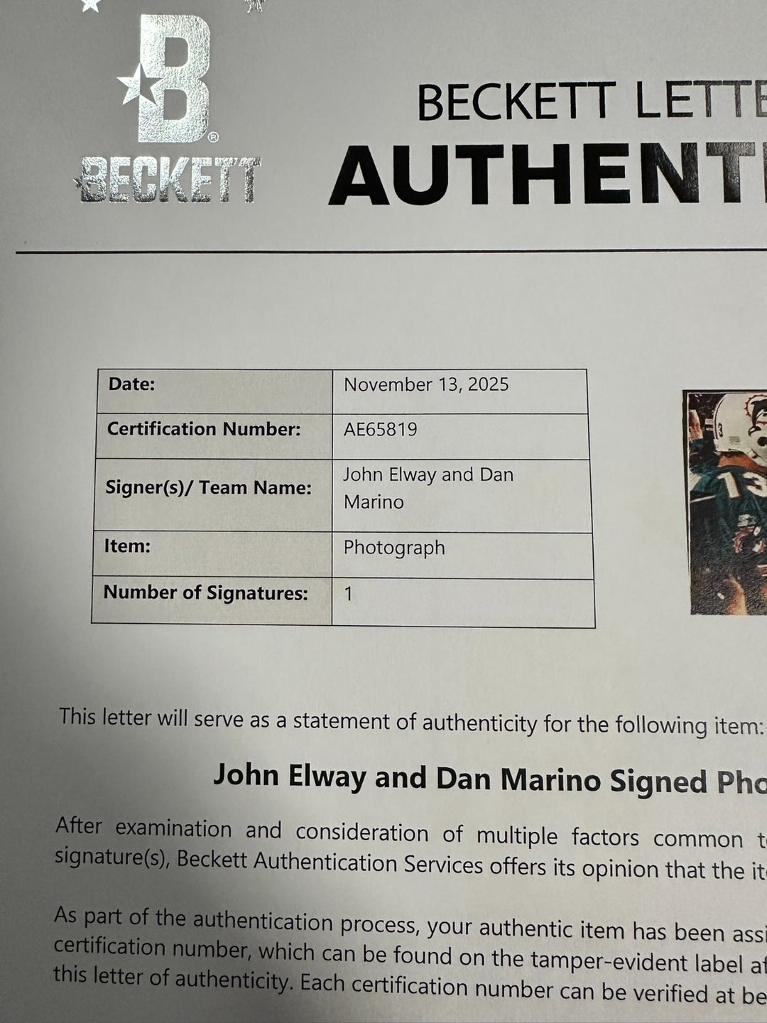 Dan Marino & John Elway Autographed 11x14 Photo Framed BAS Dolphins Broncos HOF