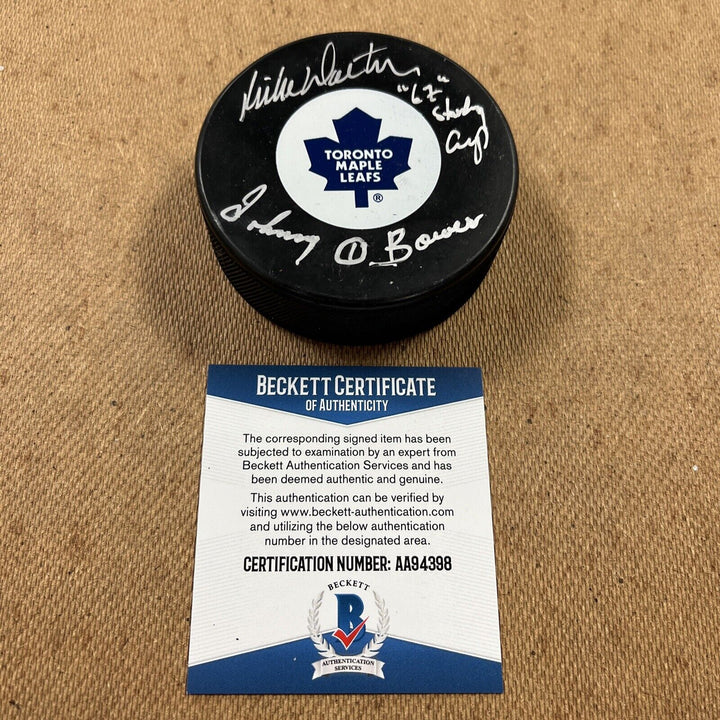 Mike Walton and Johnny Bower signed Puck 67 Stanley Cup inscribed Beckett COA