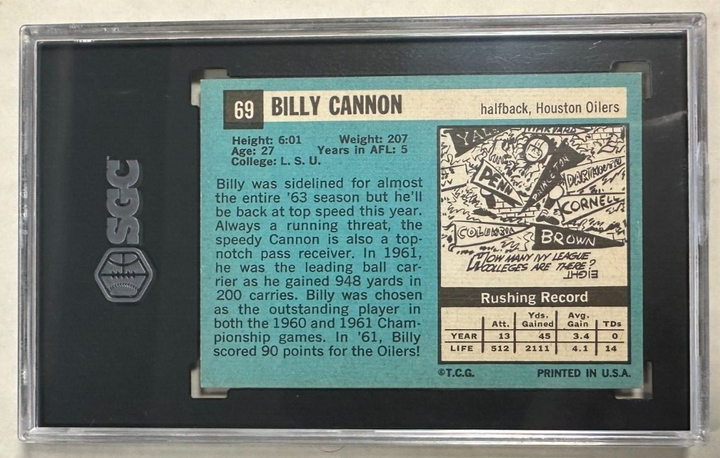 1964 Topps Bill Cannon Card #69 SGC 6 EX/NM Houston Oilers AFL