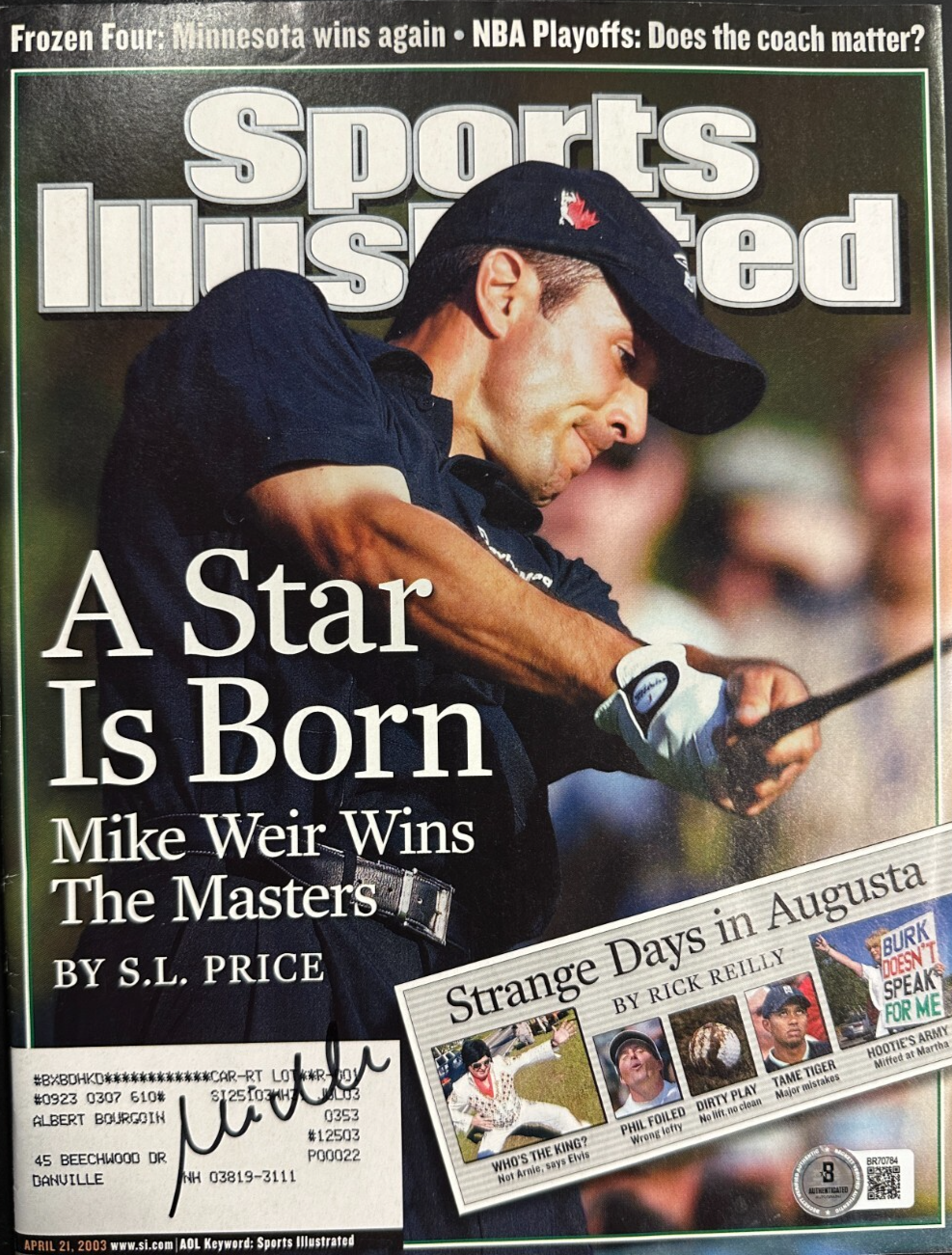 Mike Weir Autographed 4/22/2003 Issue Sports Illustrated Masters Champion BAS