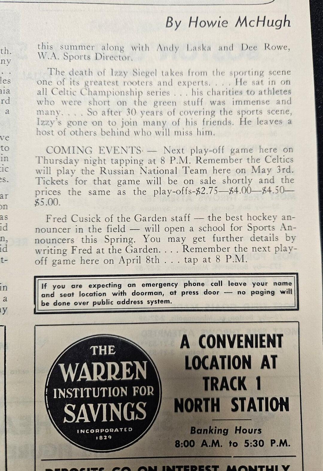 1965 Eastern Divison Finals Boston Celtics vs. Philadelphia 76ers Game 1 Program