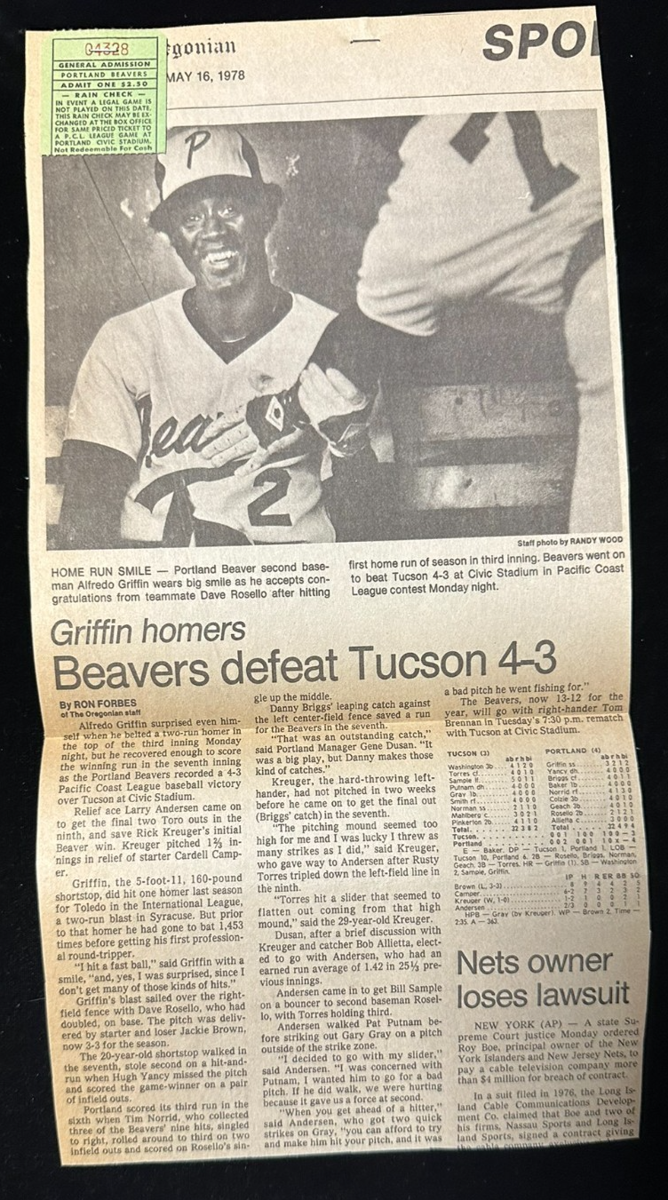 May 15, 1978 Portland Beavers & Tucson Toros Program, Ticket Stub & Clipping