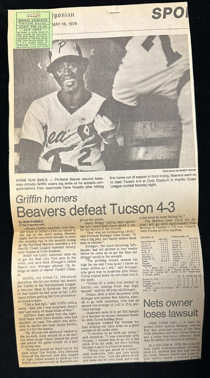 May 15, 1978 Portland Beavers & Tucson Toros Program, Ticket Stub & Clipping