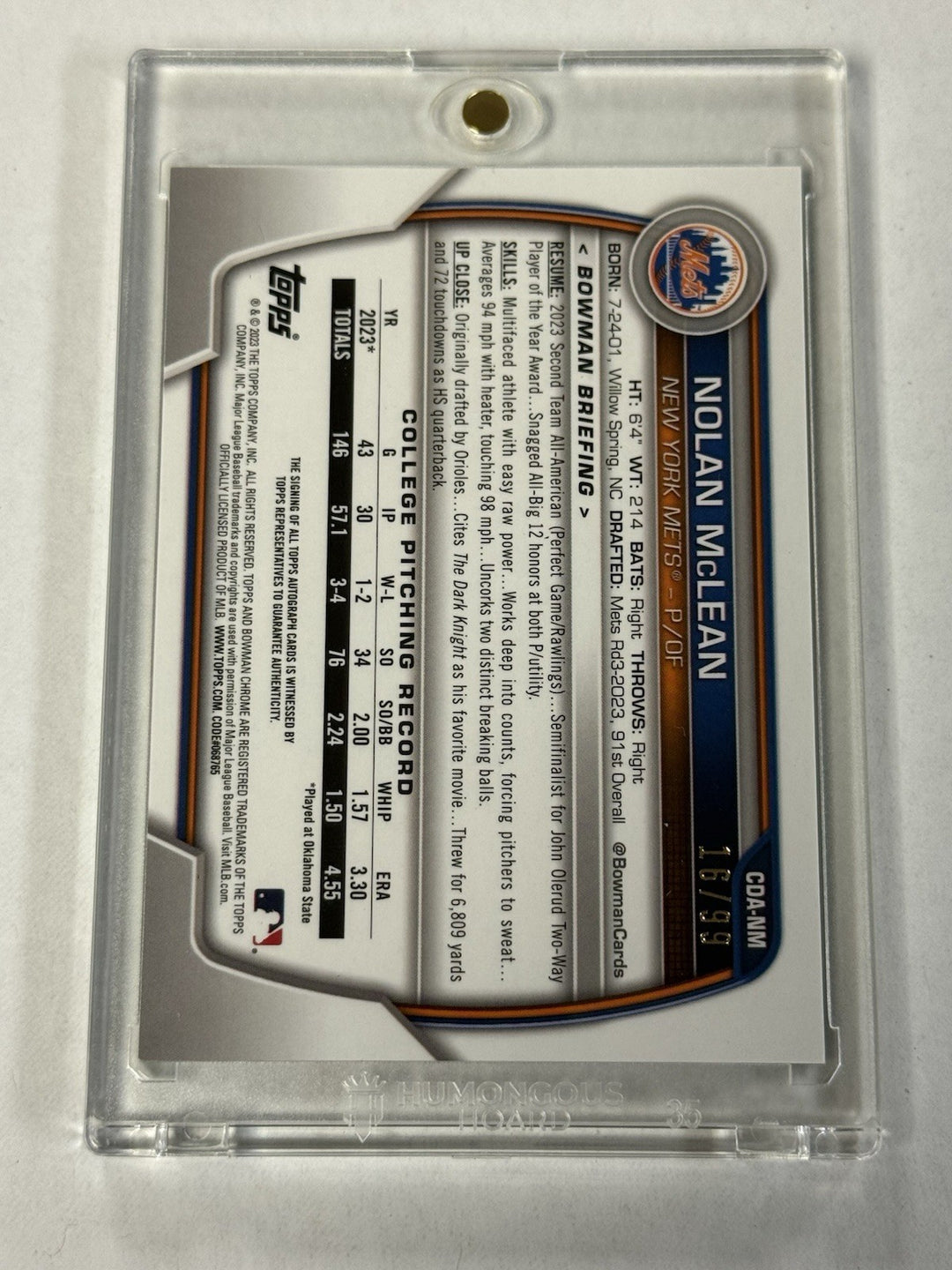 2023 Bowman Chrome Nolan McLean Green Auto /99 First 1st Mets USA 