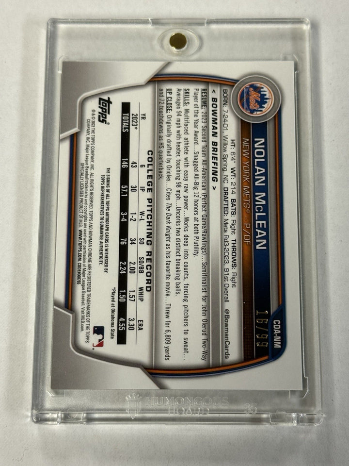2023 Bowman Chrome Nolan McLean Green Auto /99 First 1st Mets USA 
