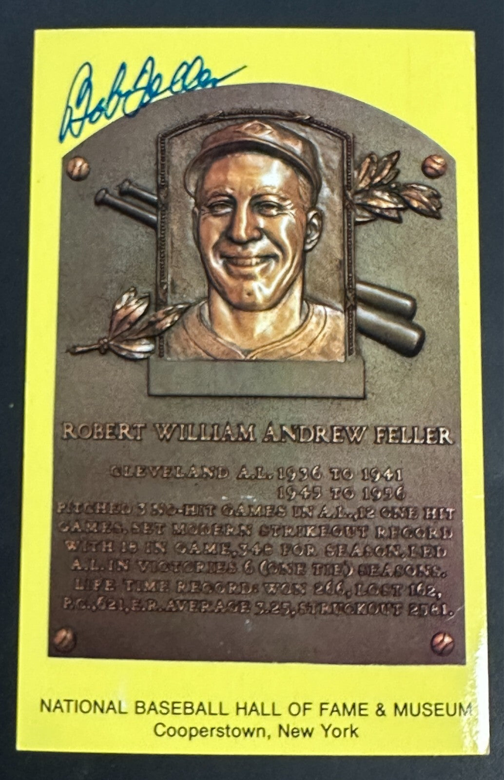 Bob Feller Autographed MLB Hall Of Fame Postcard Indians