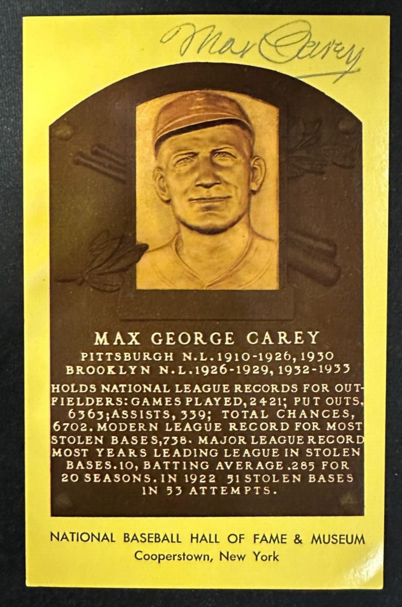 Max Carey Autographed MLB Hall Of Fame Postcard Pirates Dodgers BAS
