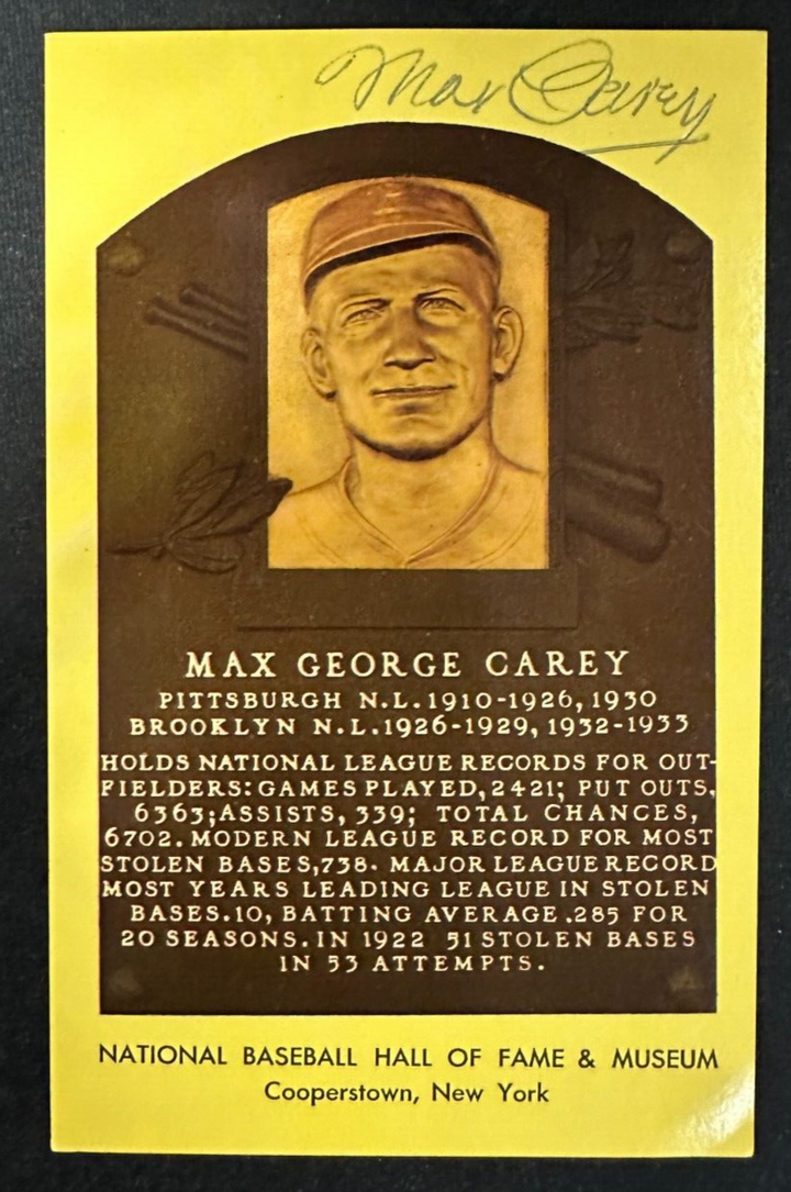 Max Carey Autographed MLB Hall Of Fame Postcard Pirates Dodgers BAS