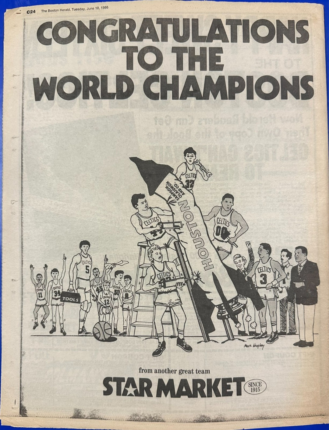 Larry Bird Autographed 6/10/1986 Issue of the Boston Herald NBA Champs PSA/DNA