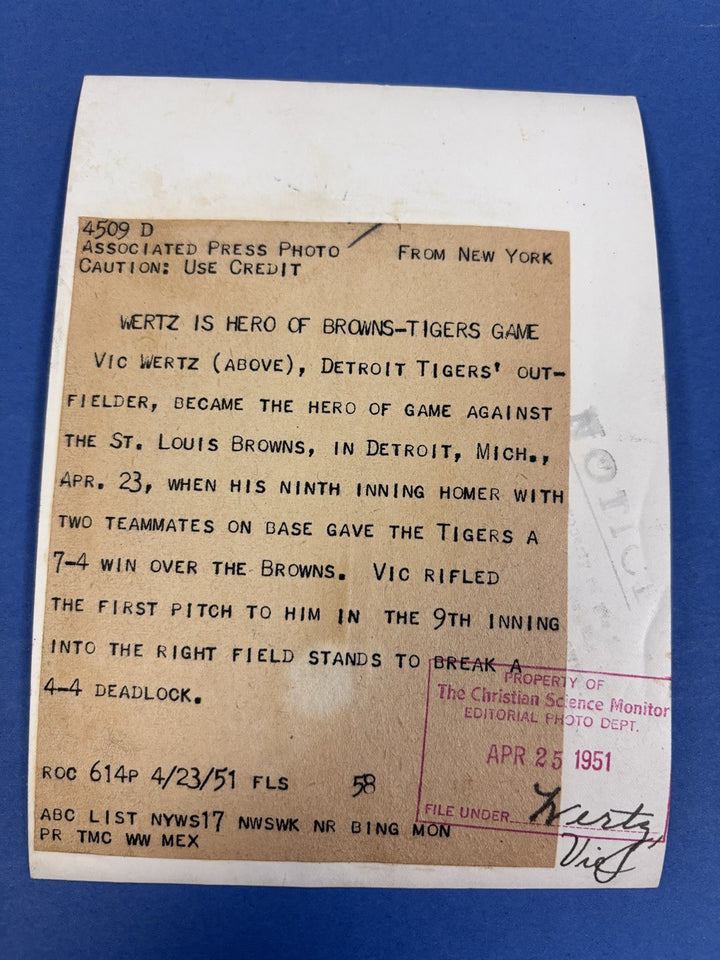 1951 Vic Wertz Original 5x7 Newspaper Wire Photo Detroit Tigers